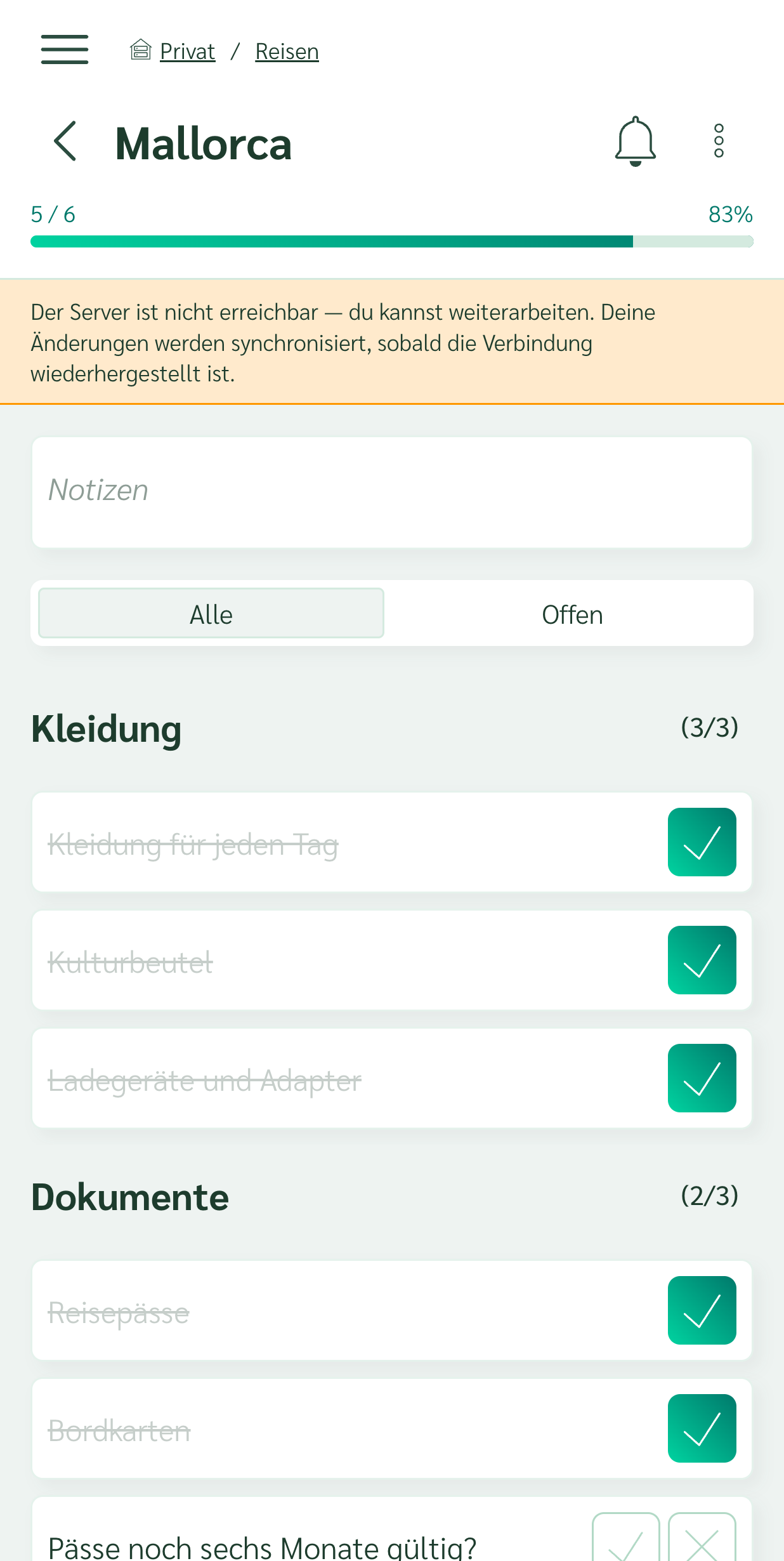Packliste, die auch ohne Verbindung weiter abgehakt wird