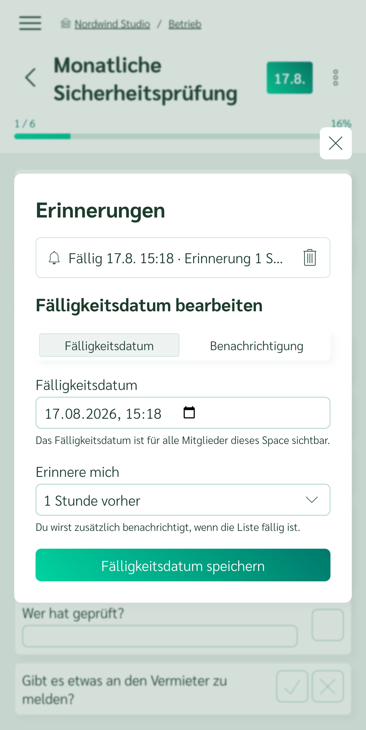 Fälligkeitsdatum und Erinnerung einer Checkliste