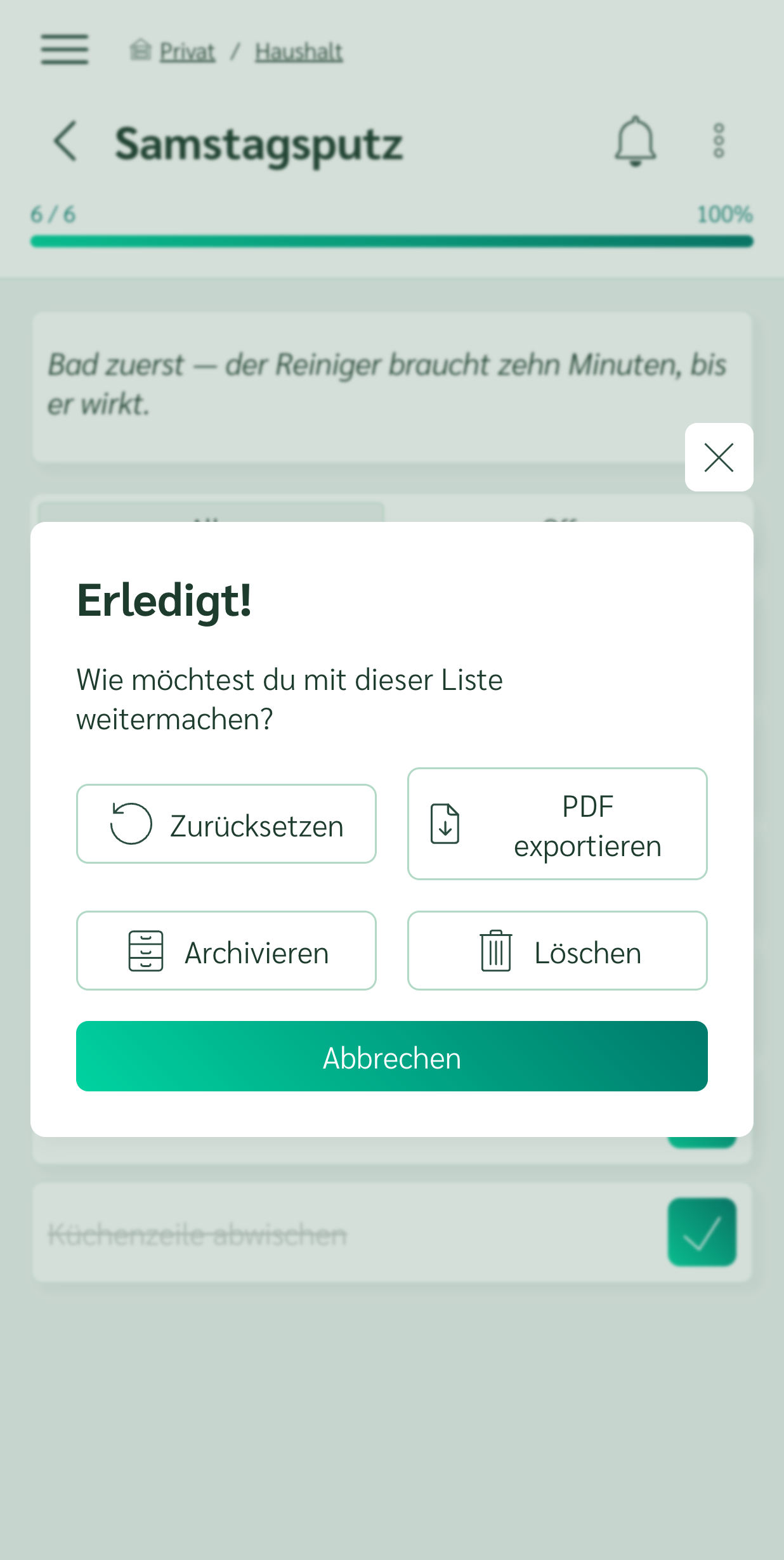 Abgeschlossene Checkliste mit der Möglichkeit, sie zurückzusetzen