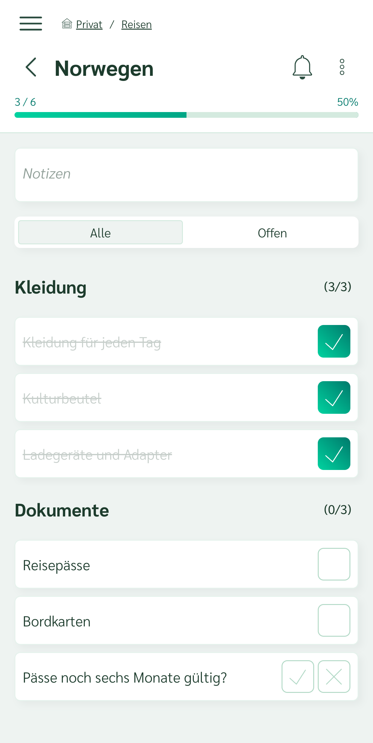 Packliste mit abgehakten Punkten und Fortschrittsanzeige