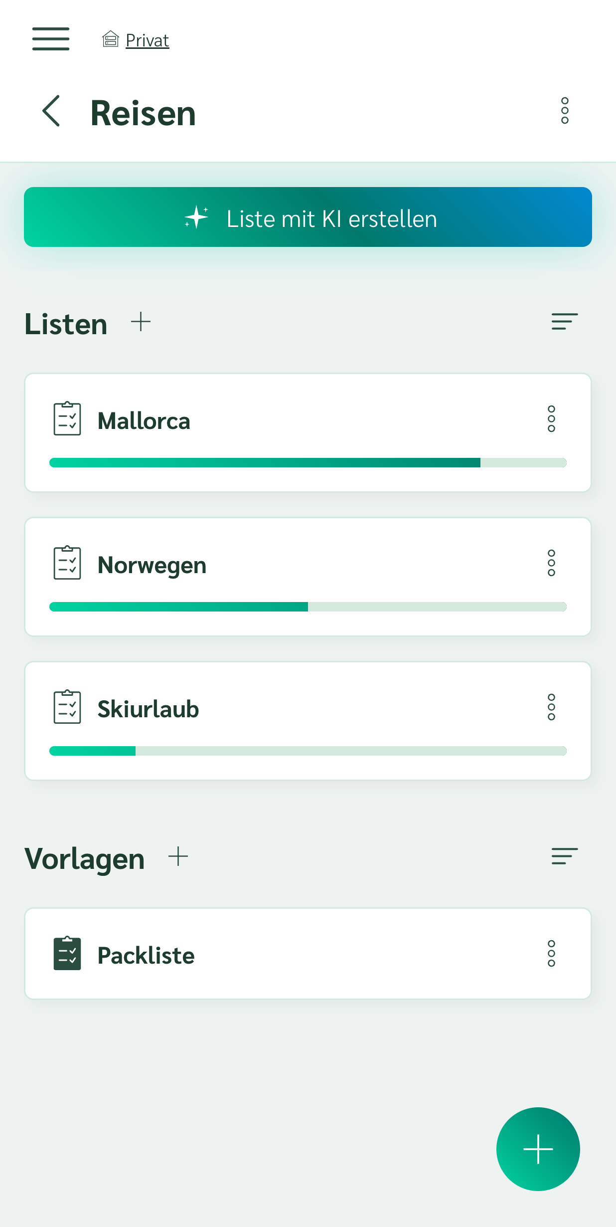 Ordner mit einer Packlisten-Vorlage und drei daraus erzeugten Reisen