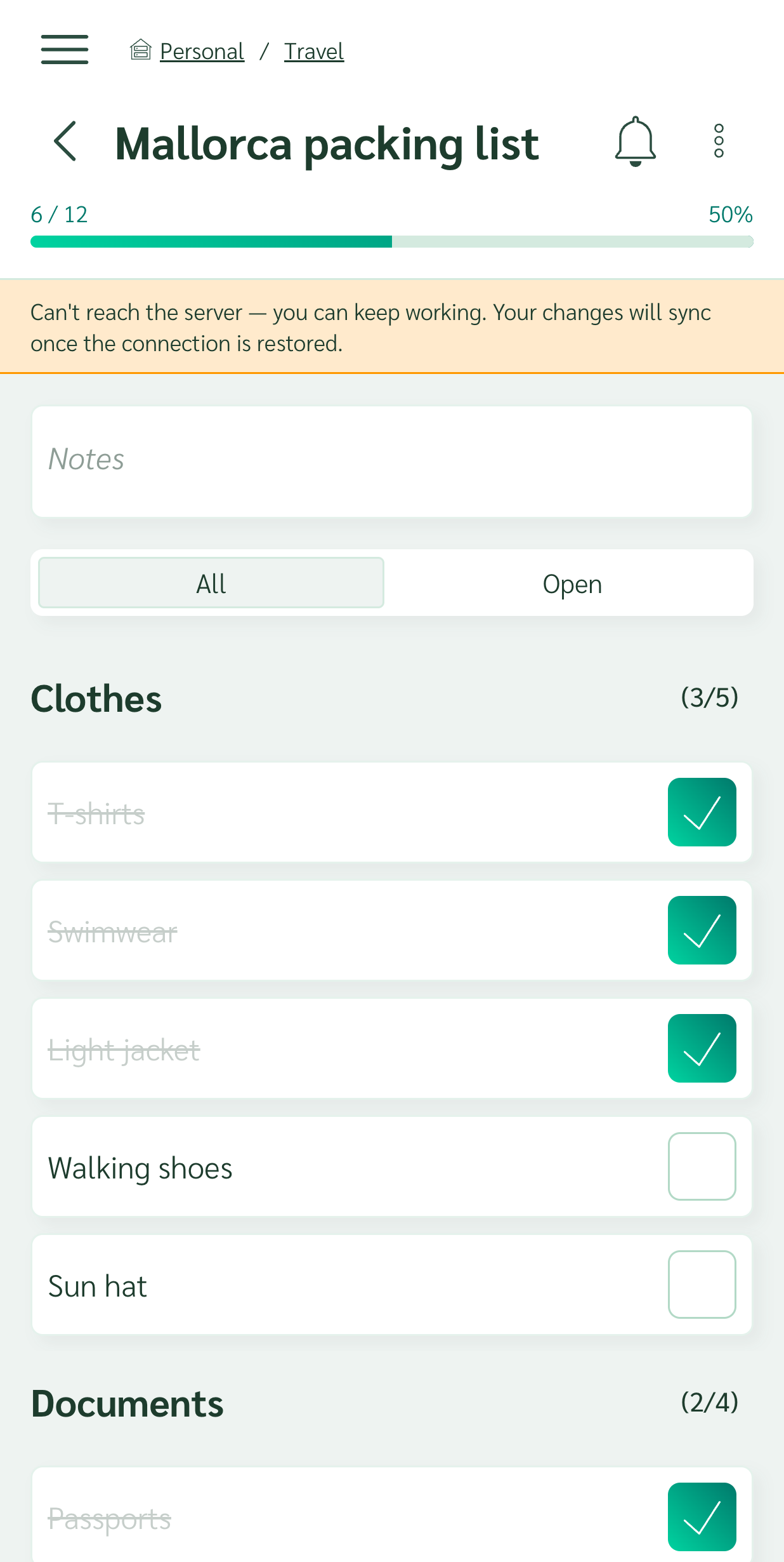 Packing list that keeps working while offline