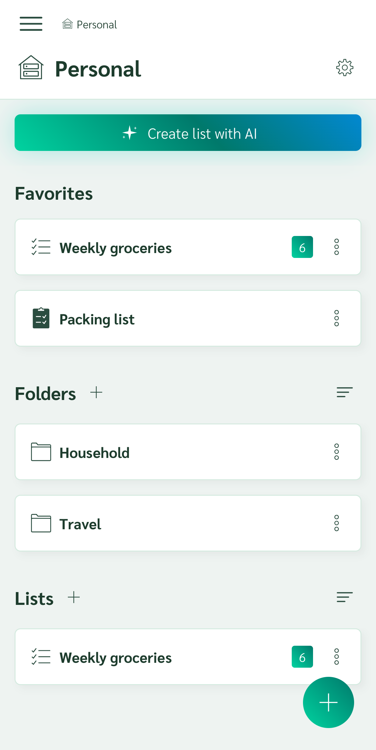 Space overview with favourites, folders and lists