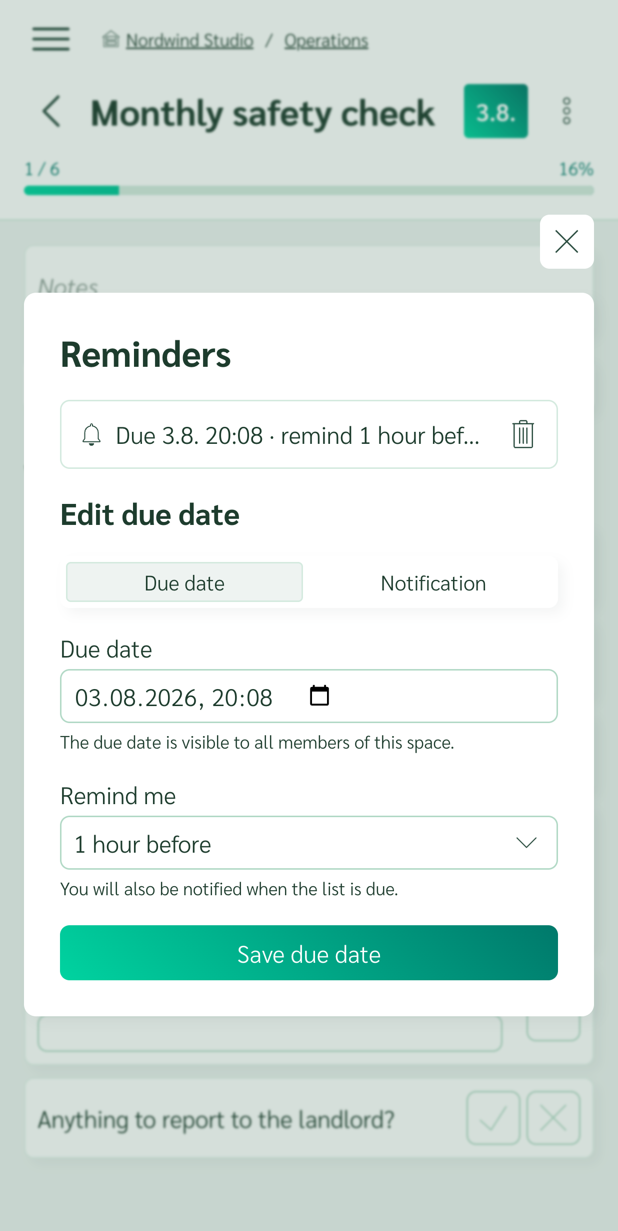 Due date and reminder settings for a checklist