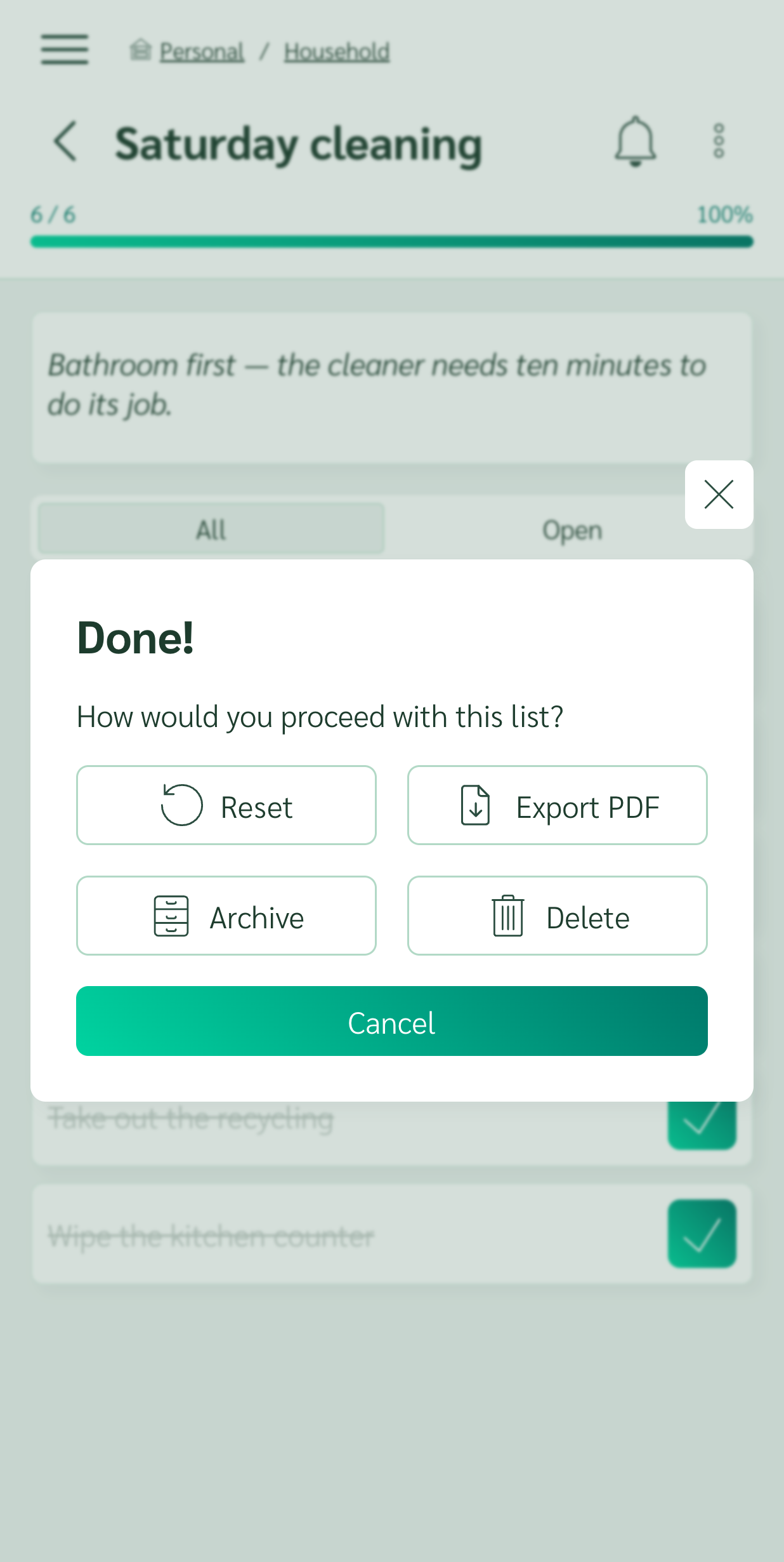 Completed checklist with the option to reset it
