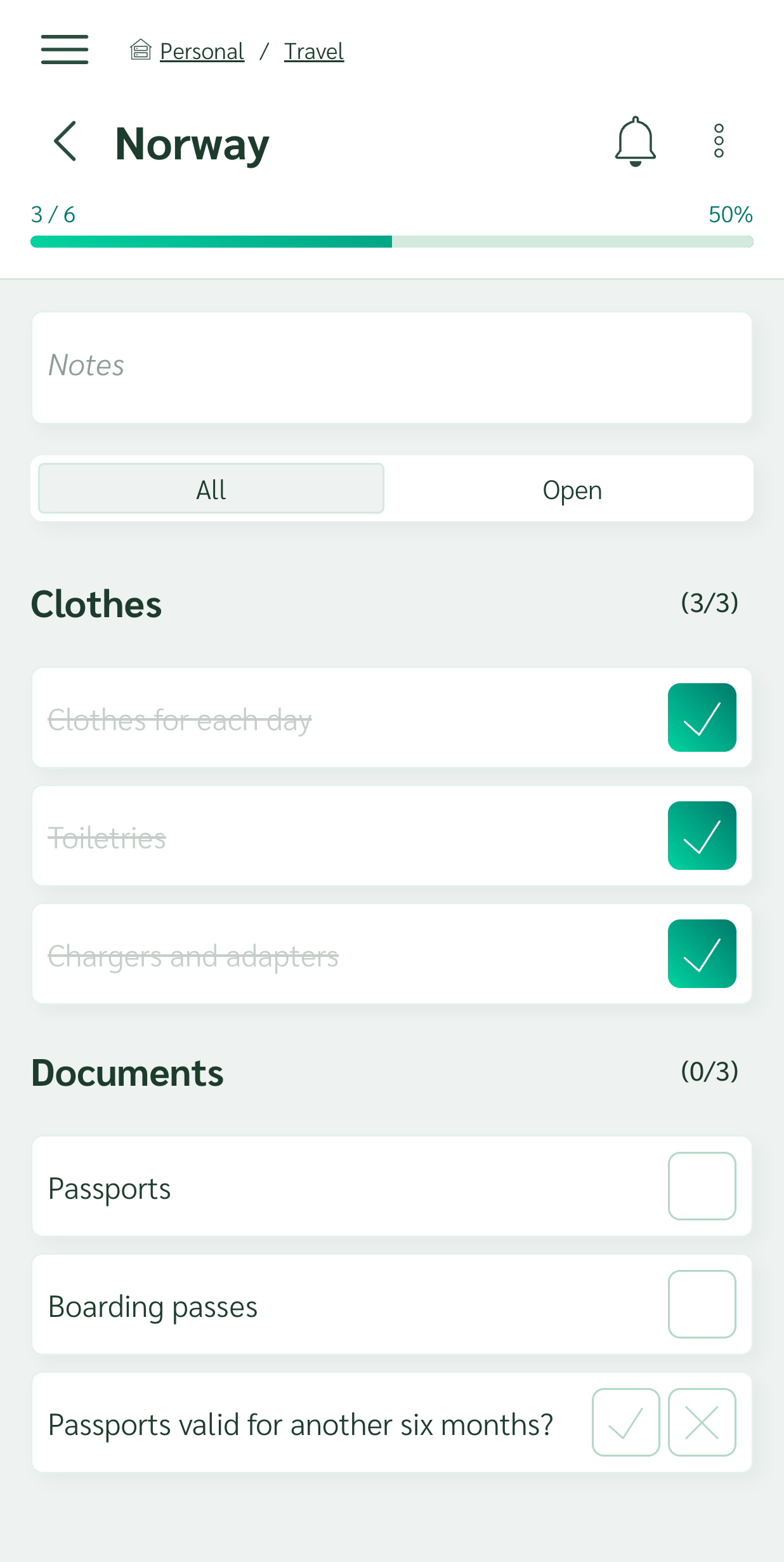 Packing checklist with items ticked off and a progress bar