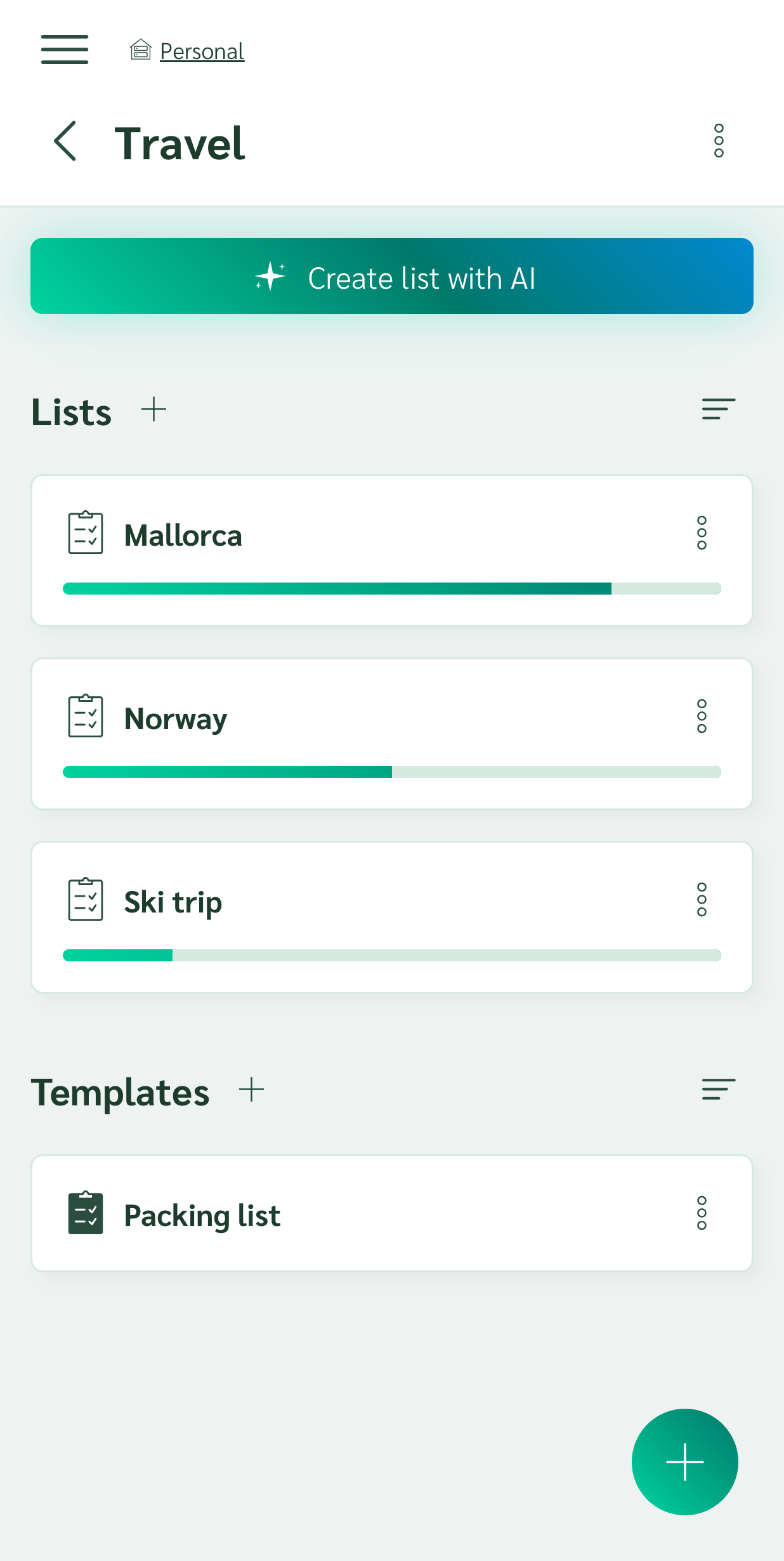 Folder with one packing template and three trips created from it