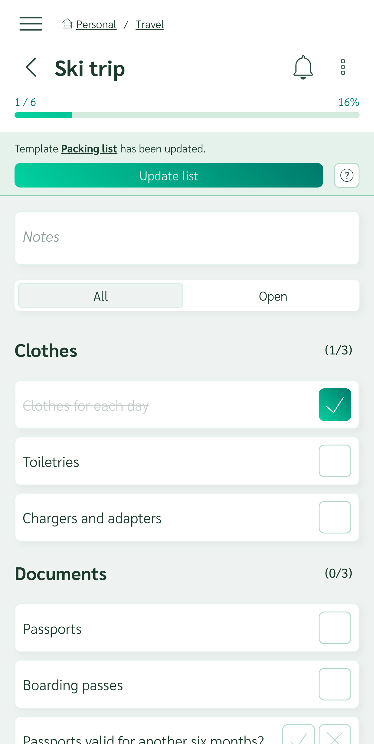 Checklist showing a banner that its template has been updated