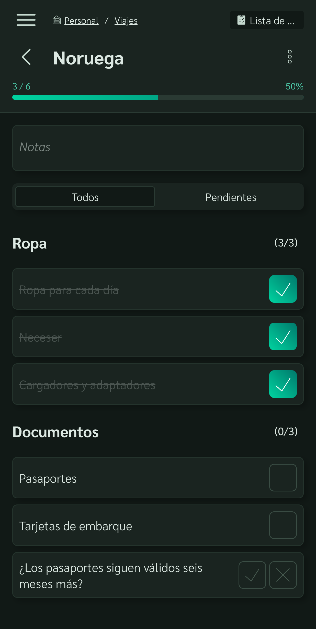 Checklist en modo oscuro
