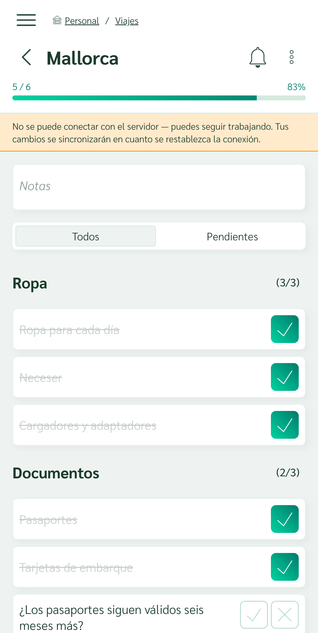 Lista de equipaje que se sigue marcando sin conexión