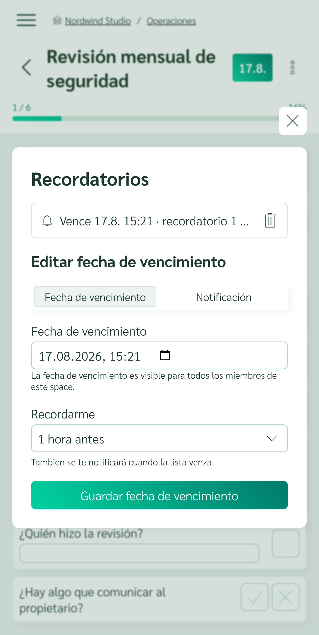 Fecha límite y recordatorio de una checklist