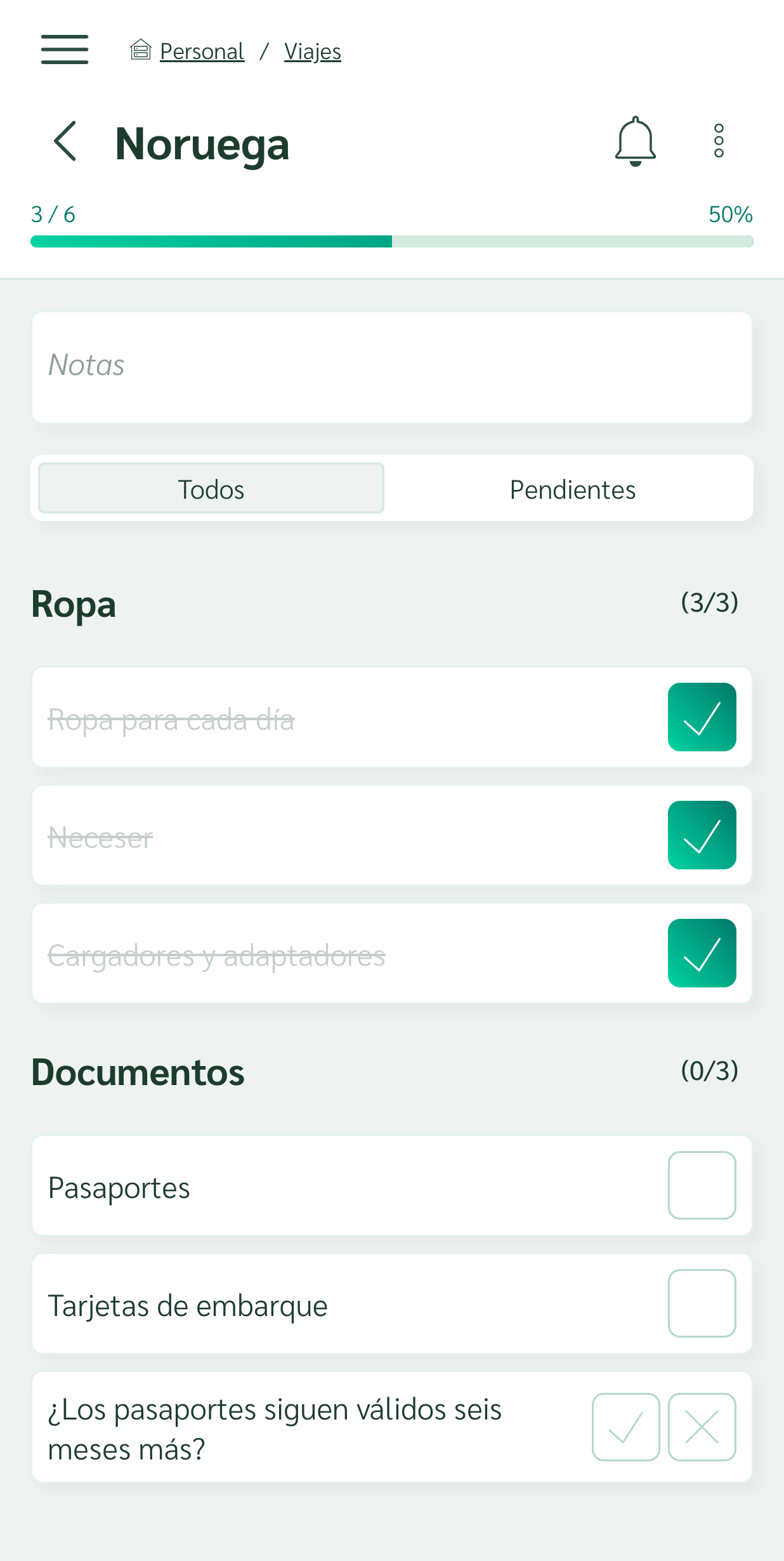 Lista de equipaje con puntos marcados y barra de progreso