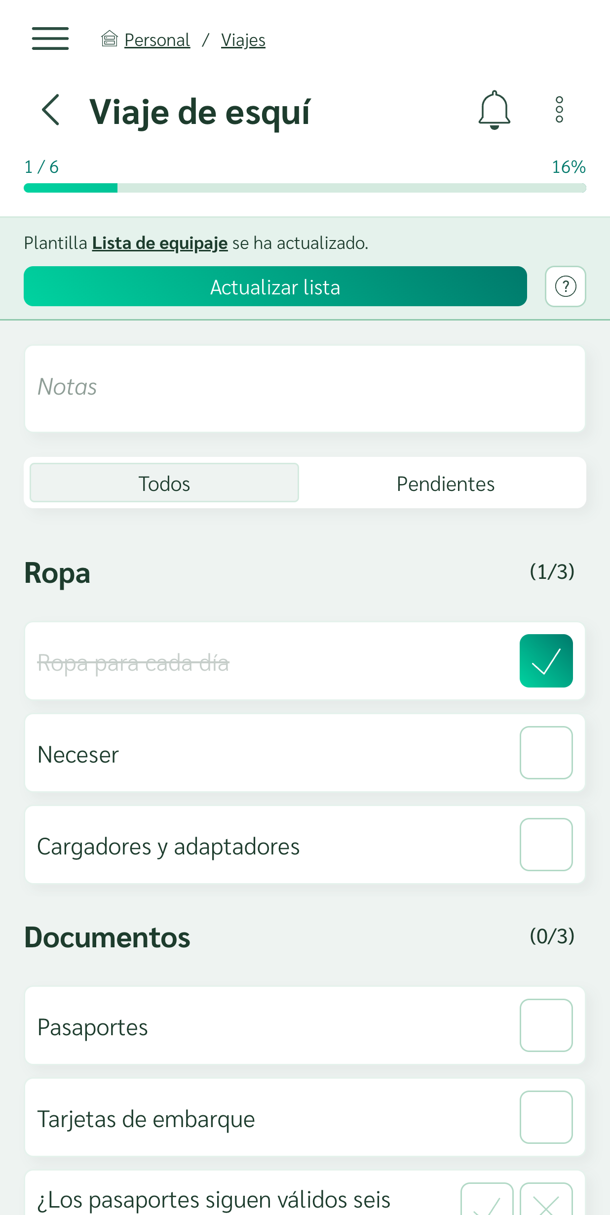 Checklist con un aviso de que su plantilla se ha actualizado