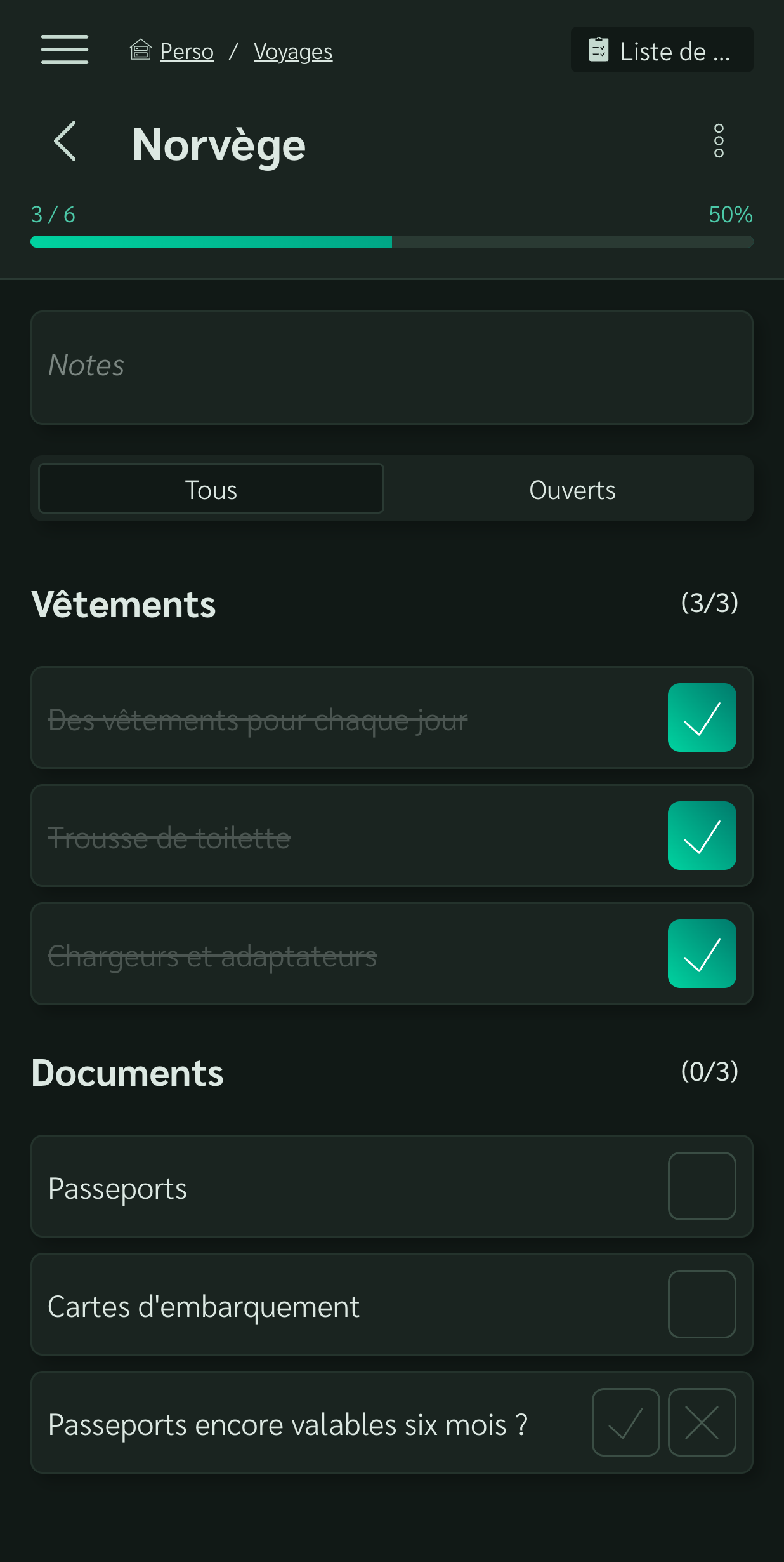 Checklist en mode sombre