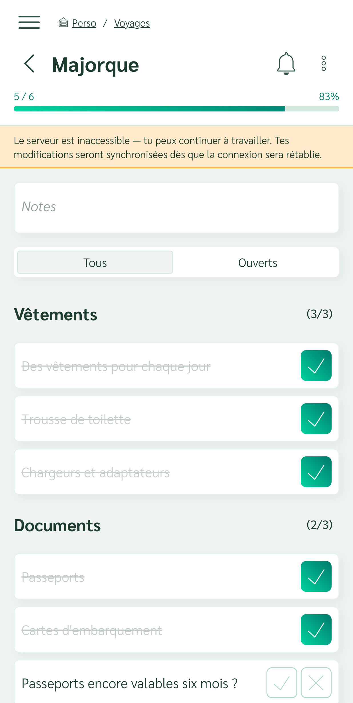 Liste de valise que l'on continue de cocher hors ligne