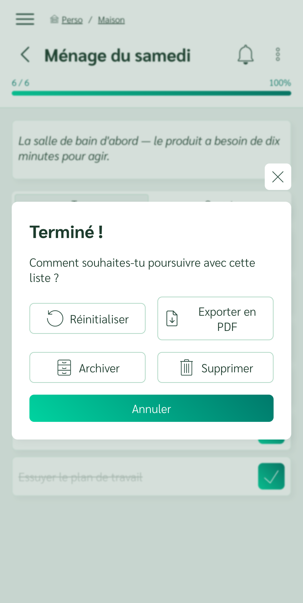 Checklist terminée avec l'option de la réinitialiser