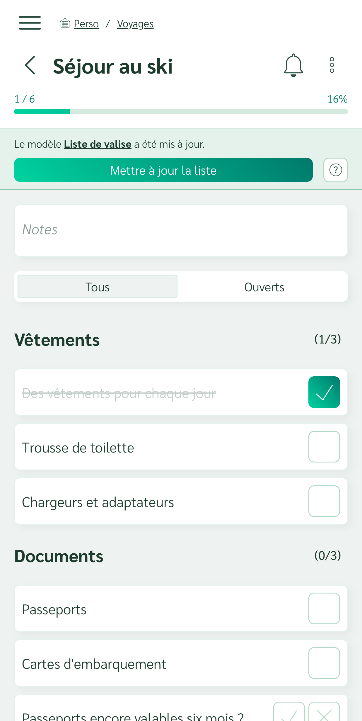 Checklist affichant un bandeau indiquant que son modèle a été mis à jour