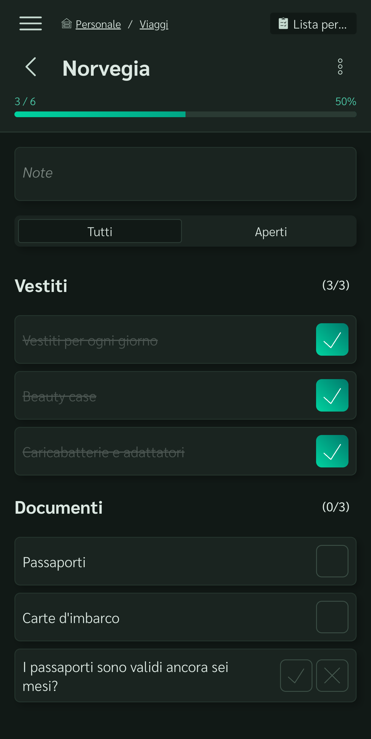 Checklist in modalità scura