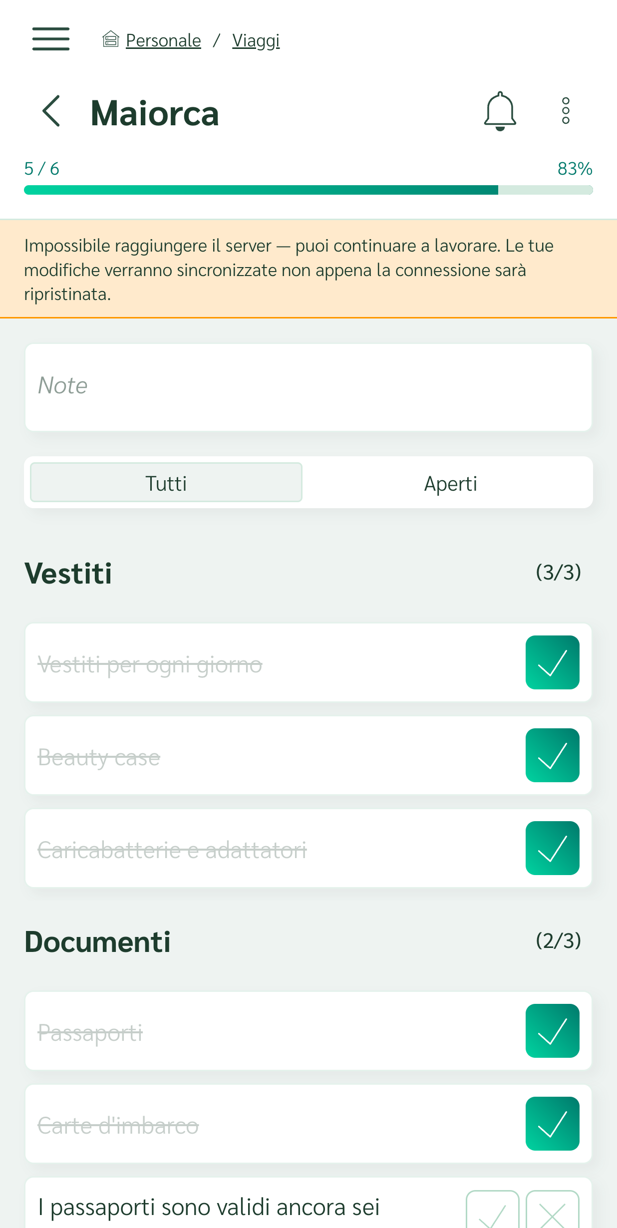 Lista per la valigia che si continua a spuntare offline