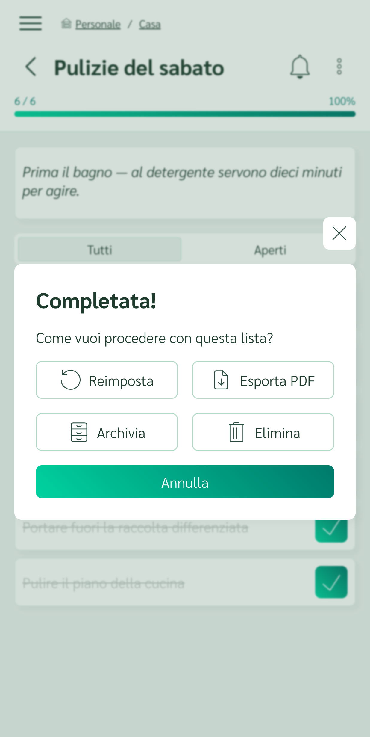 Checklist completata con l'opzione per reimpostarla