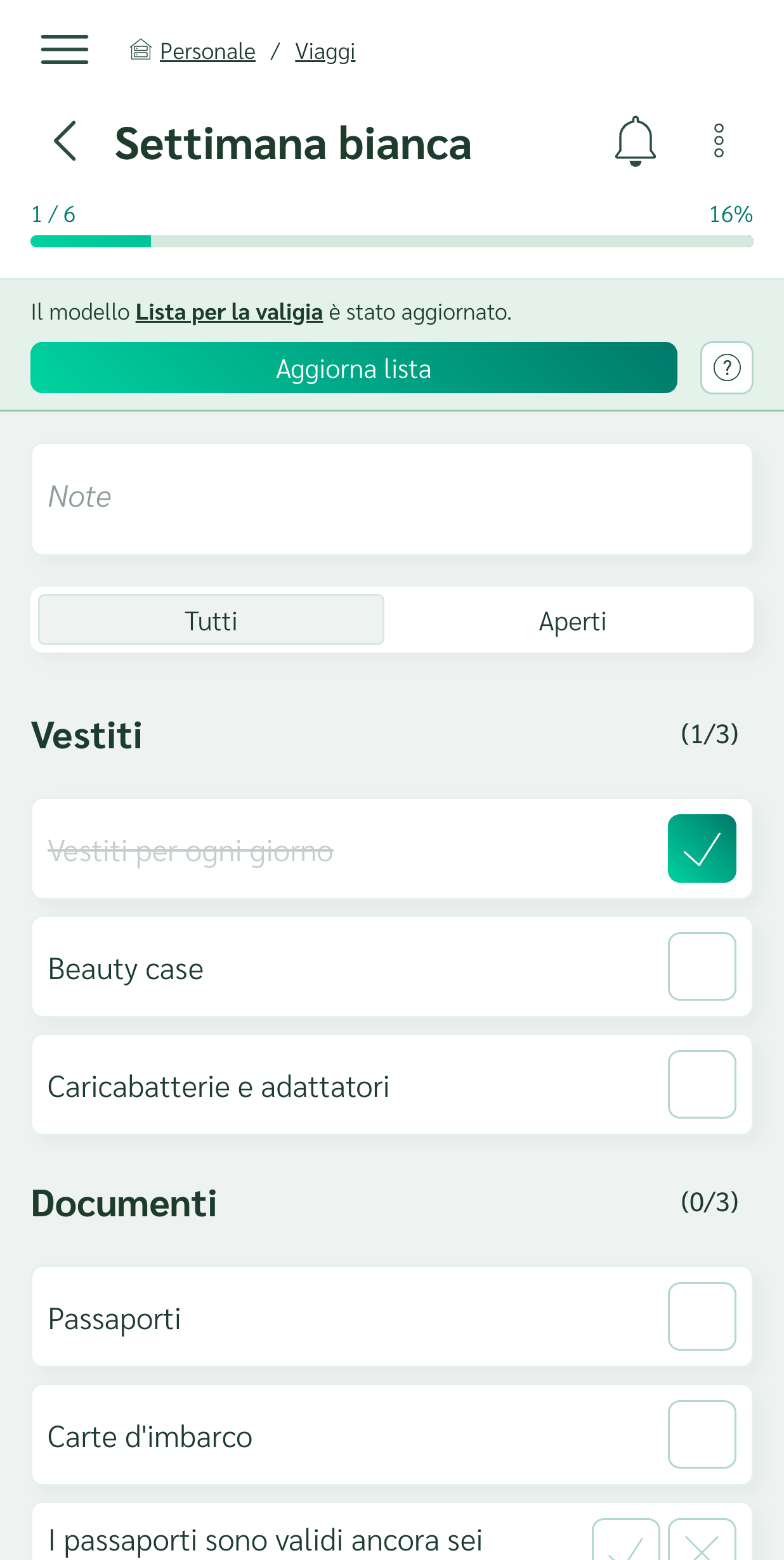 Checklist con un avviso che il suo modello è stato aggiornato