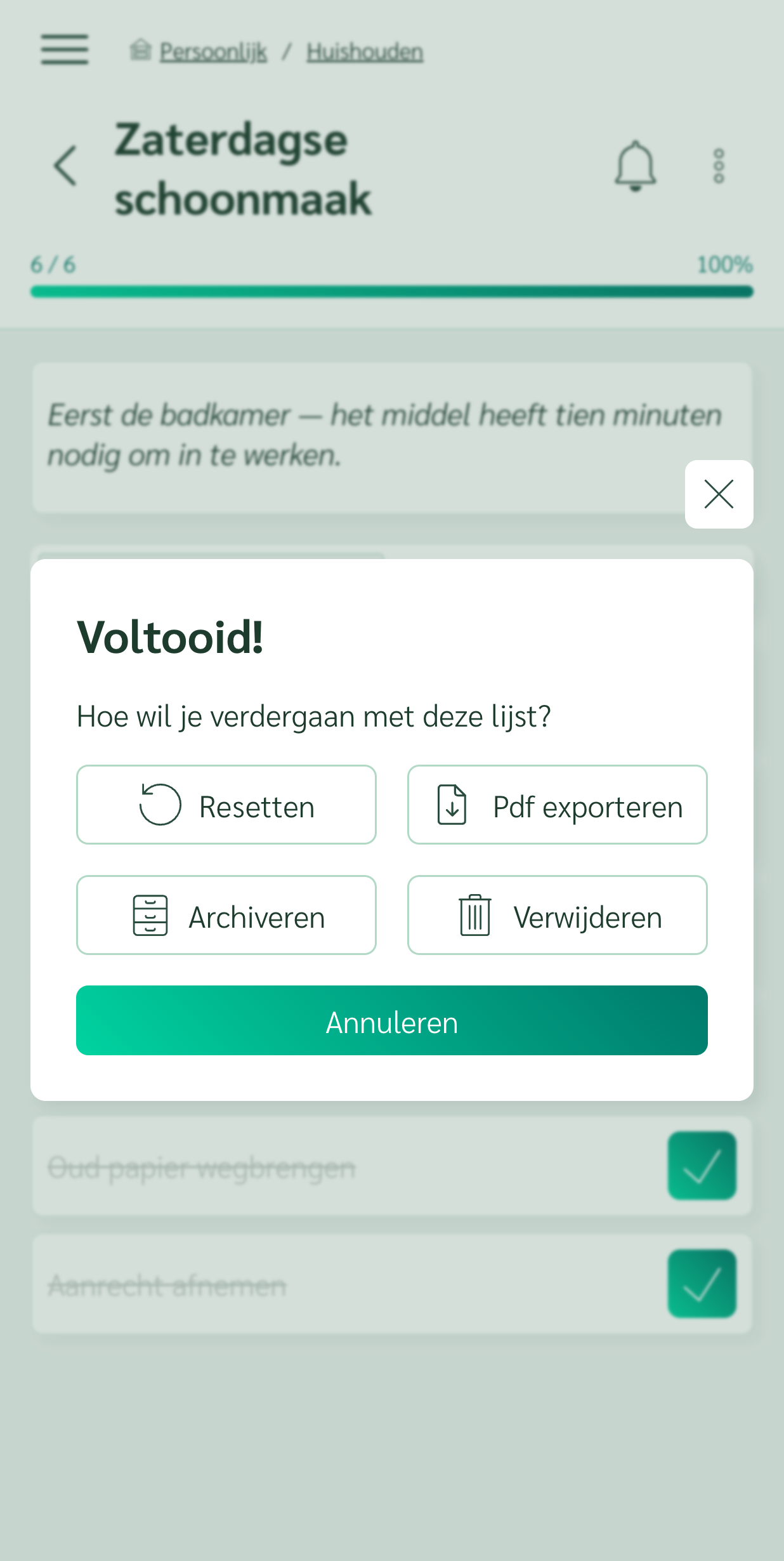Afgeronde checklist met de optie om hem terug te zetten