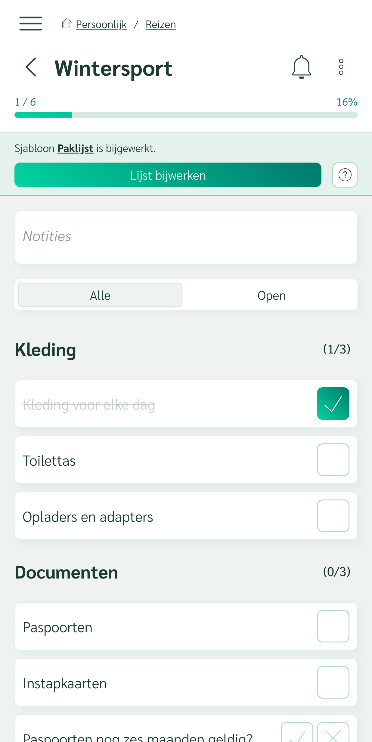 Checklist met een melding dat het sjabloon is bijgewerkt