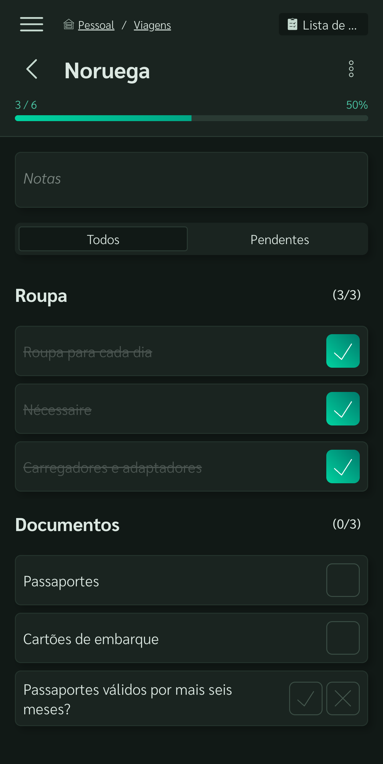 Checklist no modo escuro