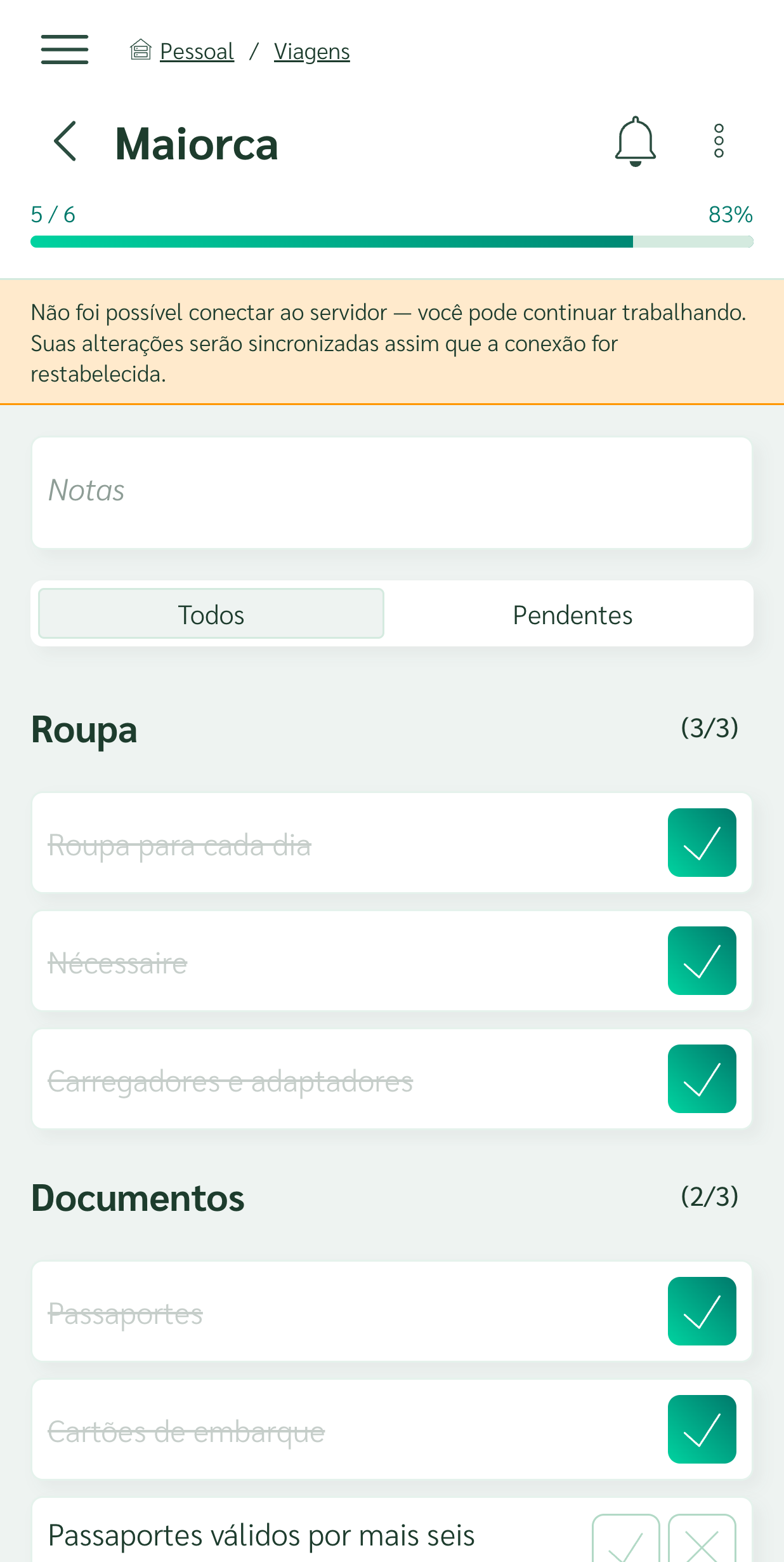 Lista de bagagem que você continua marcando offline