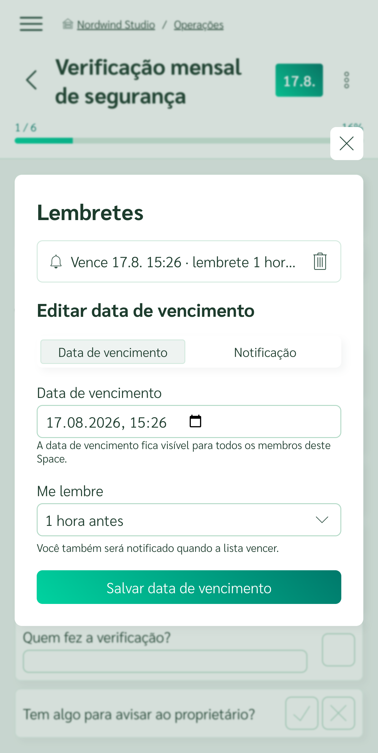 Prazo e lembrete de uma checklist