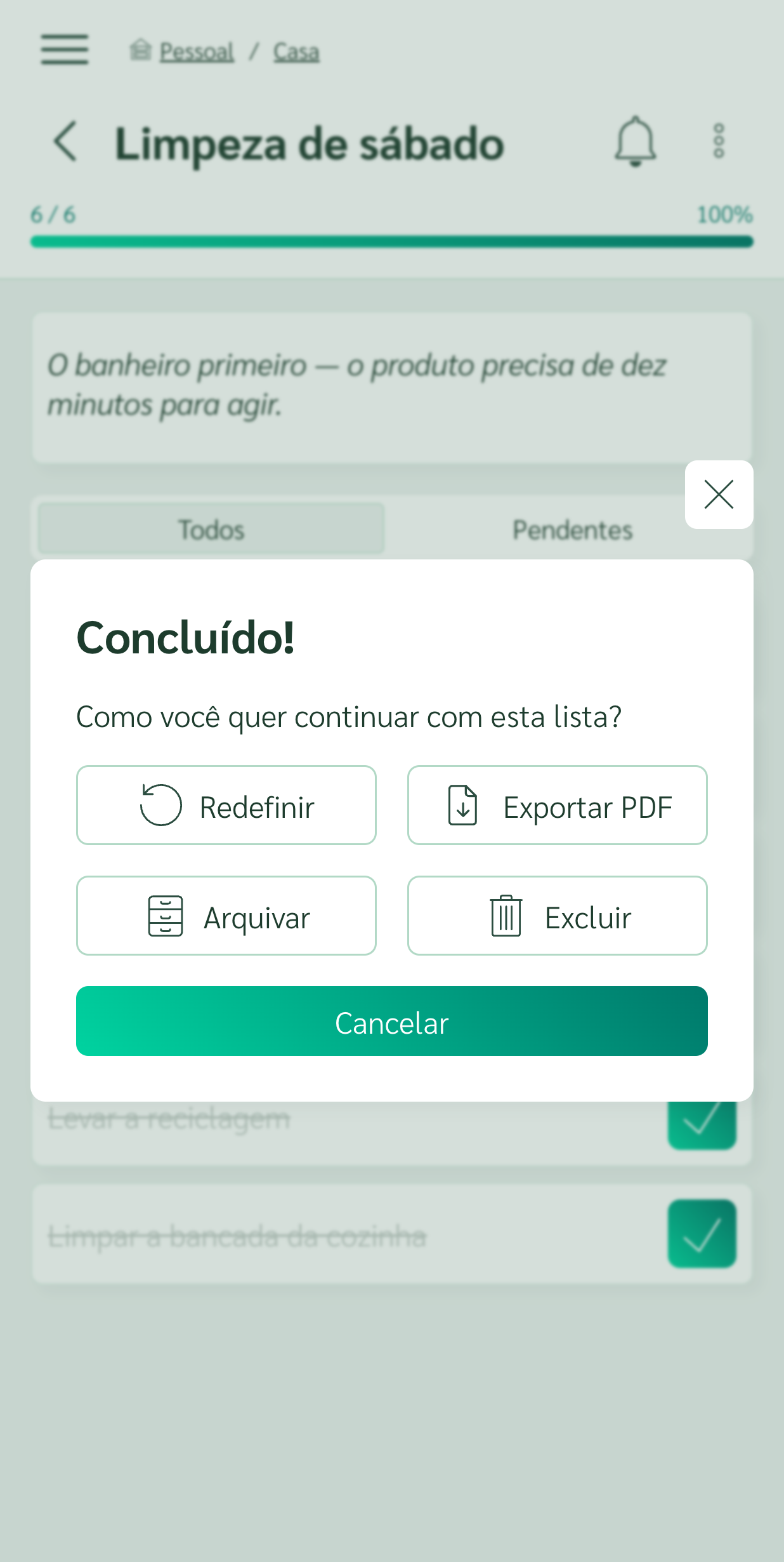 Checklist concluída com a opção de reiniciá-la