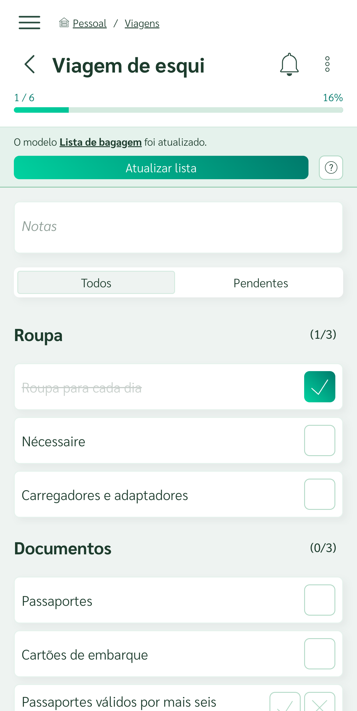 Checklist com um aviso de que o seu modelo foi atualizado